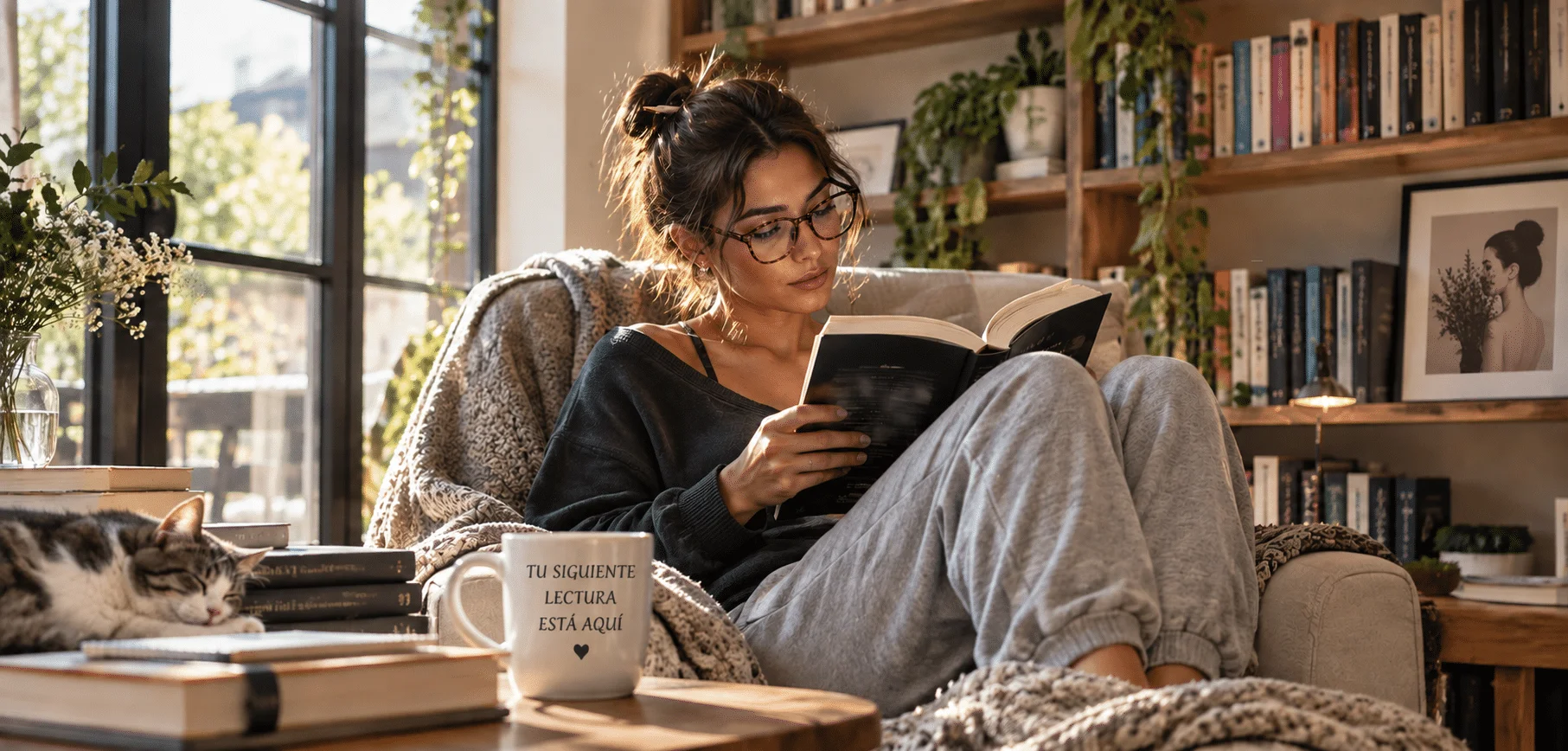 Mujer leyendo en un rincón luminoso y acogedor de la Biblioteca Lésbica de Lorcana